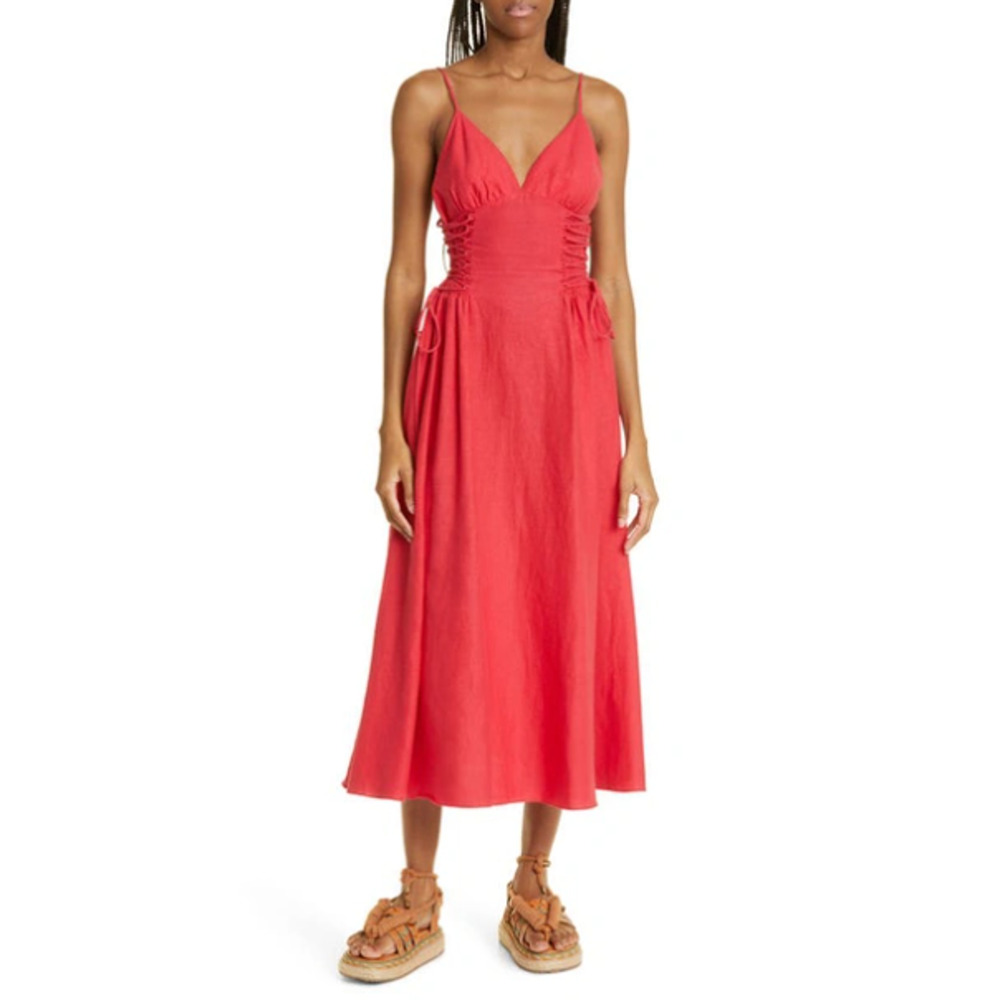 Farm Rio Linen-Blend Lace Up Midi Dress Fit & Flare Corset Glam Red Size Small - Picture 5 of 12